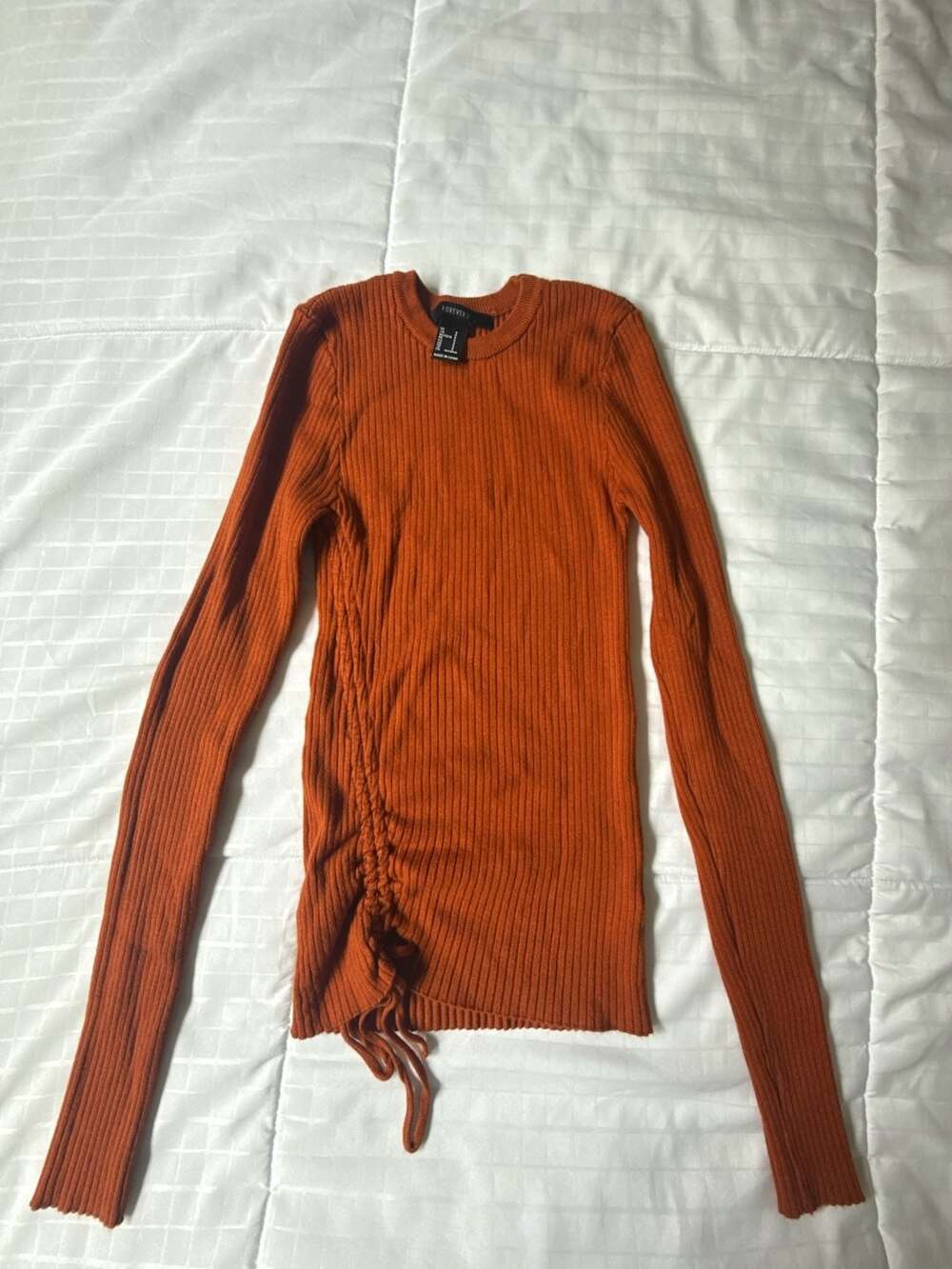 Forever 21 Ribbed Knit Top Size S Burnt Orange Side Ruched Drawstring